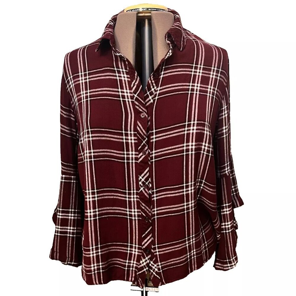 Est 1846. Size 18/20W. Rayon Maroon Plaid Shirt. Flounce Sleeve. B118